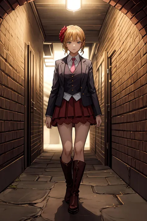 (masterpiece),(best quality),<lora:Beatrice:0.8>,human dress,  jacket, pink necktie, hair flower, skirt, boots, dark tunnel, lamp, brick walls, underground, (inside), <lora:Adddetail:0.7>, best quality