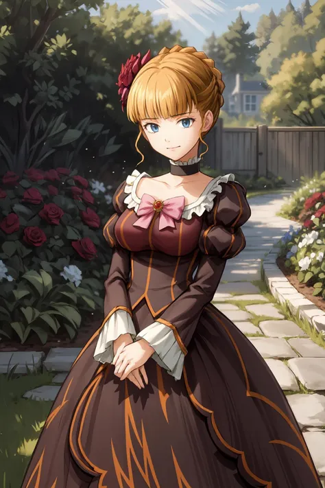 (masterpiece),(best quality),<lora:Beatrice:0.8>, beatrice, dress, pink bow, hair flower, choker, kiseru, garden, manor, beautiful sunlight, roses,<lora:Adddetail:0.7>