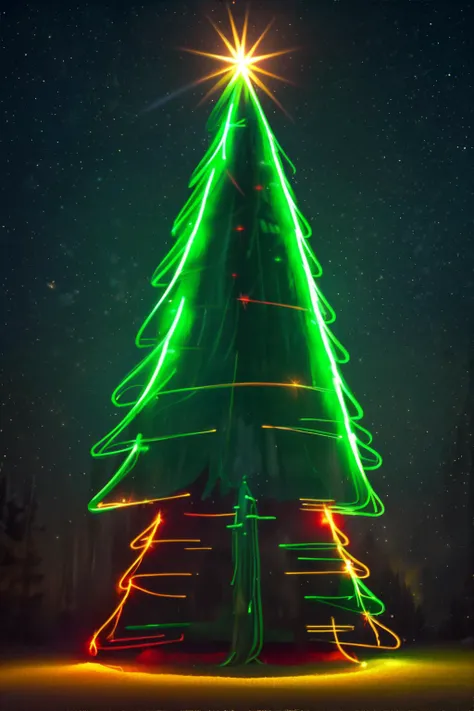 <lora:lightpainting:0.8>, light_painting of a christmas tree, green light, red light, gold light, neon lights, <clip:skip:2>, masterpiece, 8k, high resolution, shallow depth of field, sharp focus