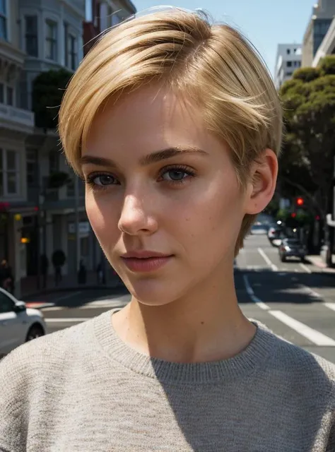 highres, masterpiece, perfect lighting, bloom, RAW photo, (photo realistic:1.2), (extremely detailed), High Detail, Sharp focus, beautiful eyes, detailed eyes, detailed face, perfect facial details, perfect mouth, detailed lips, solo, woman, short bobcut blond hair, (san francisco), (realistic detailed skin), outdoors, city, (cropped legs,) standing