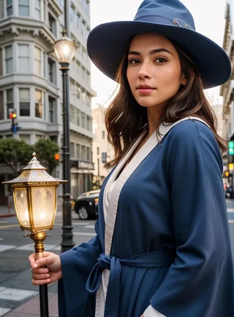 highres, masterpiece, perfect lighting, bloom, RAW photo, (photo realistic:1.2), (extremely detailed), High Detail, Sharp focus, beautiful eyes, detailed eyes, detailed face, perfect facial details, perfect mouth, detailed lips, solo, woman, wizard hat, robe, holding staff, glowing light,, (san francisco), (realistic detailed skin), outdoors, city, (cropped legs,) standing