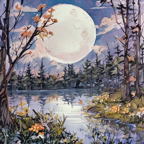 moon, no humans, scenery, tree, outdoors, full moon, traditional media, flower, water, painting (medium), nature, sky, night, cloud, grass, river, forest, watercolor (medium), <lora:ArsMJStyleXL:0.8> ArsMJStyleXL, core_9, score_8_up, score_7_up, score_6_up,