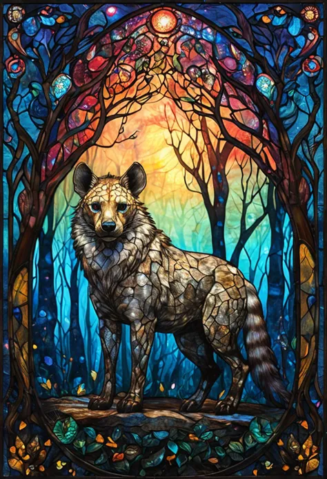 Stained Glass Hyena, bioluminescent forest with enchanted trees, whimsical elements, intricate details, ultra sharp, soft textures, exquisite detail, flawless composition, vivid colors, masterpiece, highest quality, extremely detailed CG unity 8k wallpaper <lora:ArsMJStylePony_-_Stained_Glass:0.8> ArsMJStyle, Stained Glass