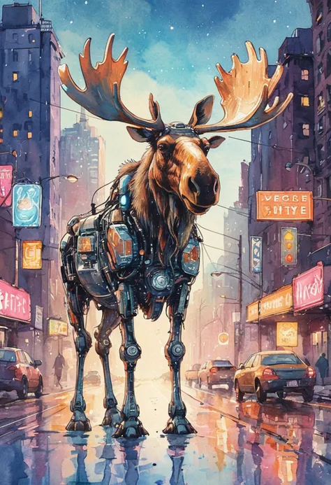 Watercolor illustration of a Moose, robot city with neon signs, whimsical elements, intricate details, ultra sharp, soft textures, exquisite detail, flawless composition, masterpiece, highest quality, extremely detailed CG unity 8k wallpaper,  <lora:ArsMJStyle_-_Watercolor_SD_1.5_Pony:0.8> ArsMJStyle, Watercolor