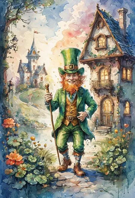 Watercolor illustration of a leprechaun, time-warped mansion with temporal anomalies, whimsical elements, intricate details, ultra sharp, soft textures, exquisite detail, flawless composition, masterpiece, highest quality, extremely detailed CG unity 8k wallpaper, vivid colors  <lora:ArsMJStyle_-_Watercolor_SD_1.5_Pony:1> ArsMJStyle, Watercolor