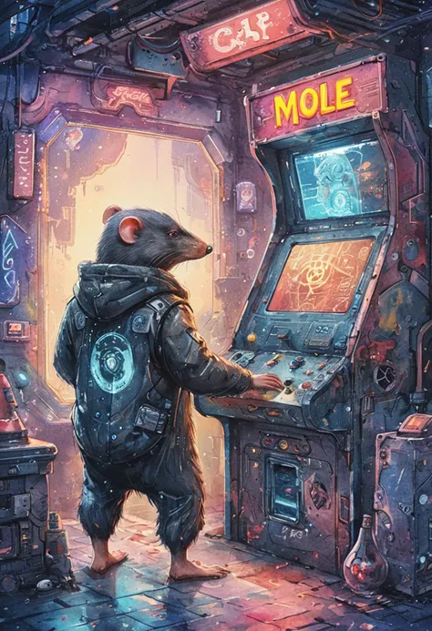 Watercolor illustration of a Mole, cyberpunk arcade with holographic games, whimsical elements, intricate details, ultra sharp, soft textures, exquisite detail, flawless composition, masterpiece, highest quality, extremely detailed CG unity 8k wallpaper,  <lora:ArsMJStyle_-_Watercolor_SD_1.5_Pony:0.8> ArsMJStyle, Watercolor