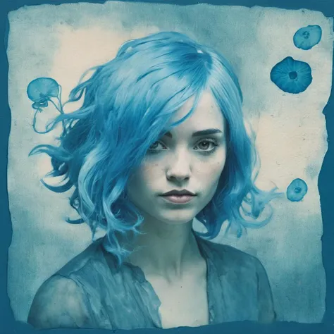 a painting of a woman with blue hair, a character portrait by Nína Tryggvadóttir, behance contest winner, context art, storybook illustration, bioluminescence, cyanotype ,