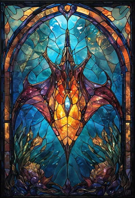 Stained Glass illustration of Stingray, underwater, cyberpunk arcade with holographic games, whimsical elements, intricate details, ultra sharp, soft textures, exquisite detail, flawless composition, vivid colors, masterpiece, highest quality, extremely detailed CG unity 8k wallpaper <lora:ArsMJStylePony_-_Stained_Glass:0.8> ArsMJStyle, Stained Glass