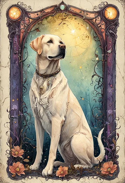 art nouveau illustration of a labrador retriever, haunted mansion with mysterious whispers, whimsical elements, intricate details, ultra sharp, soft textures, exquisite detail, flawless composition, masterpiece, highest quality, extremely detailed CG unity 8k wallpaper, vivid colors  <lora:ArsMJStylePony_-_Art_Nouveau_SDXL_1.5:1> ArsMJStyle,