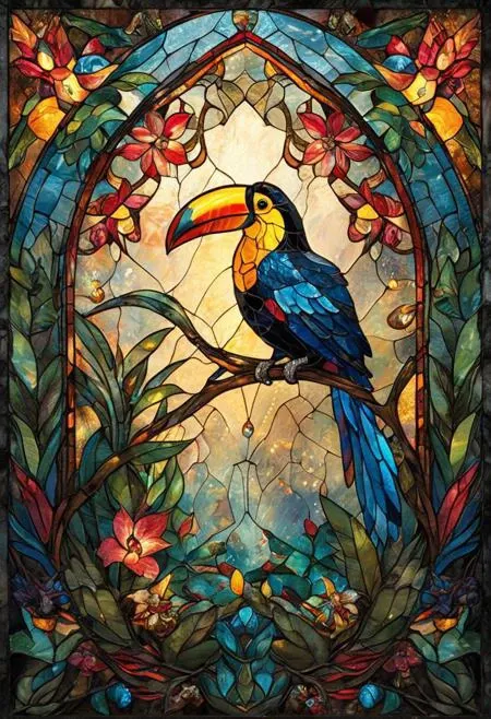 Stained Glass Tucan, tropical cave with magical creatures, whimsical elements, intricate details, ultra sharp, soft textures, exquisite detail, flawless composition, vivid colors, masterpiece, highest quality, extremely detailed CG unity 8k wallpaper <lora:ArsMJStylePony_-_Stained_Glass:0.8> ArsMJStyle, Stained Glass