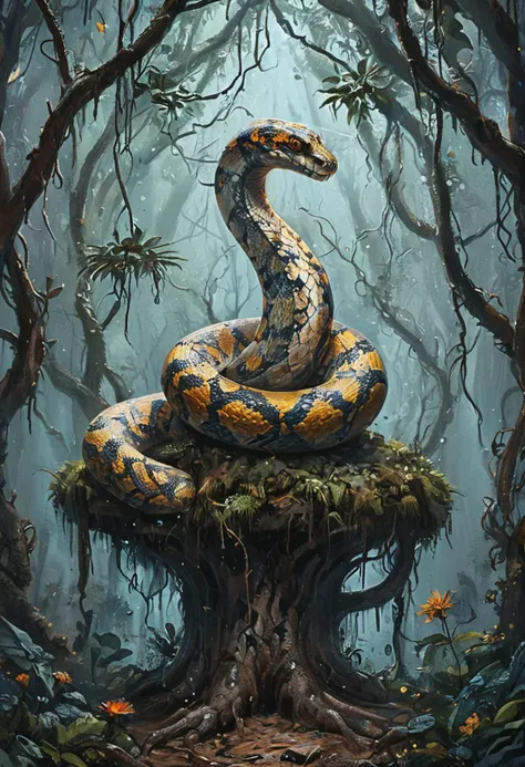 illustration of a Python, ancient forest with spectral trees, whimsical elements, intricate details, ultra sharp, soft textures, exquisite detail, flawless composition, masterpiece, highest quality, extremely detailed CG unity 8k wallpaper, vivid colors <lora:ArsMJStyleXL:0.9> ArsMJStyleXL,