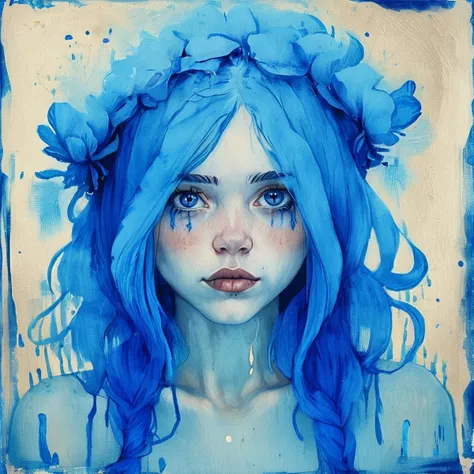 a painting of a woman with blue hair, a character portrait by Nína Tryggvadóttir, behance contest winner, context art, storybook illustration, bioluminescence, cyanotype <lora:ArsMJStyleXL-000004:1>,