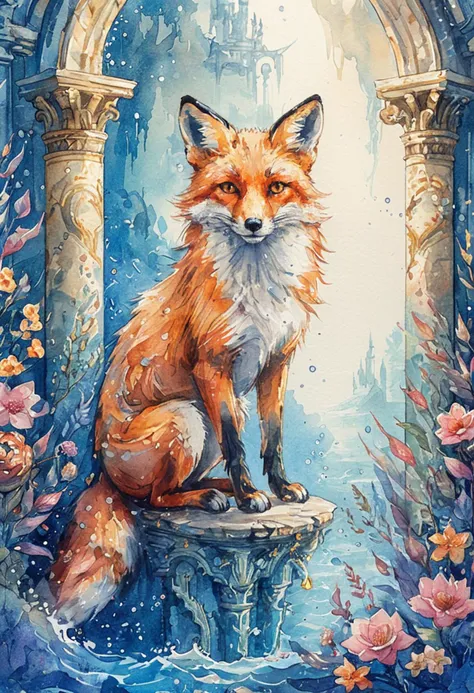 Watercolor illustration of a Fox, underwater palace with shimmering walls, whimsical elements, intricate details, ultra sharp, soft textures, exquisite detail, flawless composition, masterpiece, highest quality, extremely detailed CG unity 8k wallpaper, vivid colors  <lora:ArsMJStyle_-_Watercolor_SD_1.5_Pony:1> ArsMJStyle, Watercolor