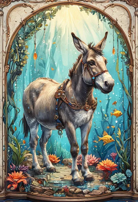 art nouveau illustration of a Donkey, futuristic aquarium with interactive exhibits, whimsical elements, intricate details, ultra sharp, soft textures, exquisite detail, flawless composition, masterpiece, highest quality, extremely detailed CG unity 8k wallpaper, vivid colors  <lora:ArsMJStylePony_-_Art_Nouveau_SDXL_1.5:1> ArsMJStyle,