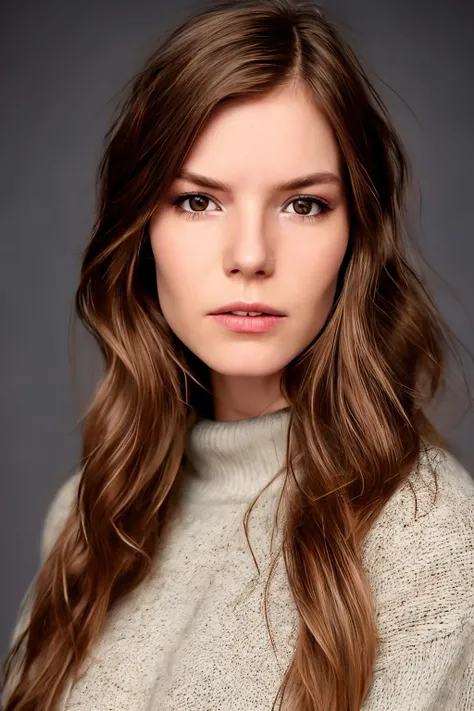 AnaLoRA1, a professional portrait of a young brunette, long messy hair, cozy sweater, simple background, closed mouth <lora:AnaLoRA1:1>