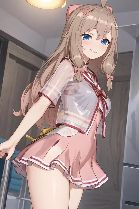 1girl,large breasts, long hair,blush,pov,(from below:1.25) ,naughty face,(evil smile:1),bareneck,ahoge,blue eyes,breast squeeze,(taut see-through shirt:1.25), bow,skirt,sailor collar, <lora:Dianaswim:0.5>