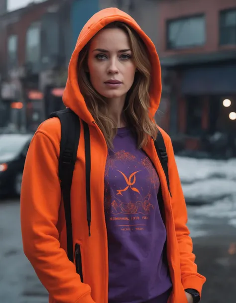 cinematic photo portrait of (((ohwx woman))) wearing an orange hoody, by don bluth. trending on artstation and deviantart pinterest photorealistic hd 8 k highlights & shadow detailed high resolution award winning photography red black purple neon colors octane render hyperrealism cinematic greg rutkowski mucha magali villeneuv lisa frank / apocalyptic color scheme warhammer 40 s retrofure style atmosphere evil fantasy intricate details portrait character concept fashion design <lora:blunt_lora_sdxl_v1-000008:1> . 35mm photograph, film, bokeh, professional, 4k, highly detailed