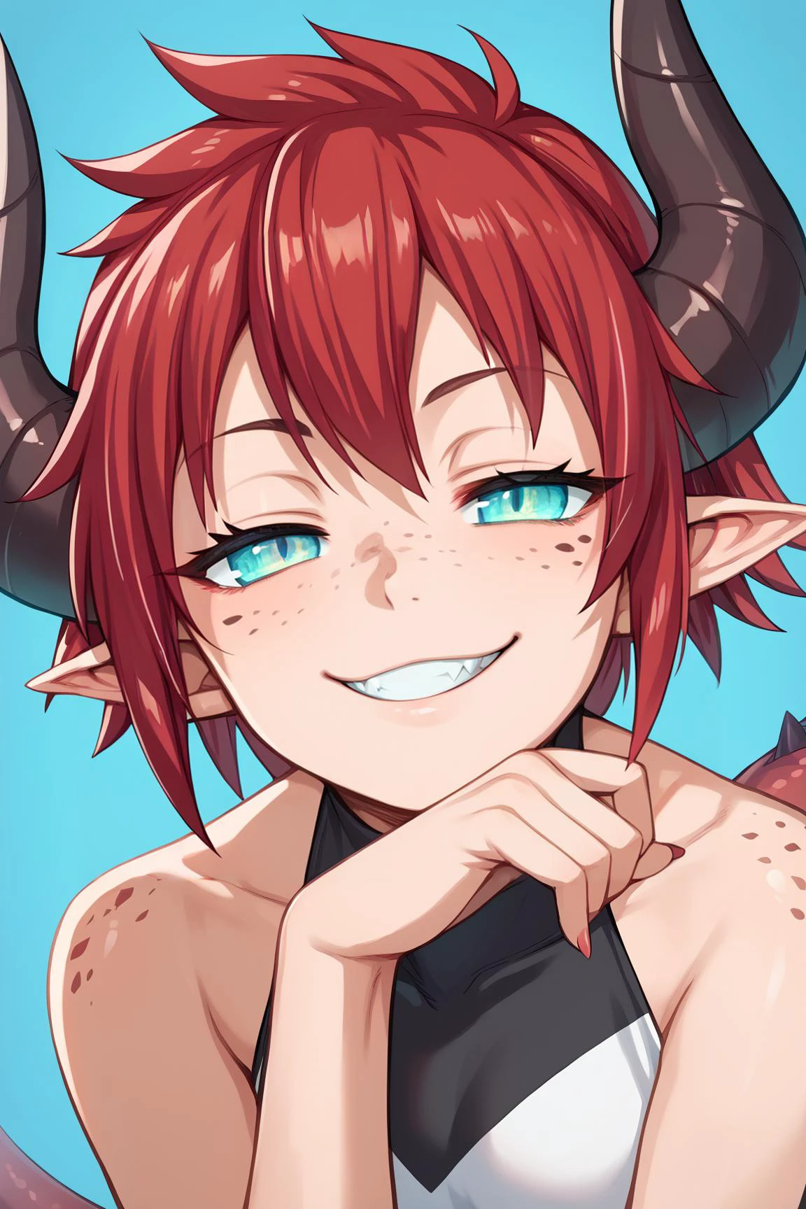 score_9,score_8_up,score_7_up,score_6_up, source_anime, BREAK, solo, solo focus, 1girl, dragon girl, <lora:dragon_girl_pony:0.4>, neon colors, shining colors, dragon girl, tail, pointy ears, horns, shining eyes, close up, evil smile, half closed eyes, scales on body, red hair, cyan eyes, short hair, blue background, tomboy, freckles, detailed eyes