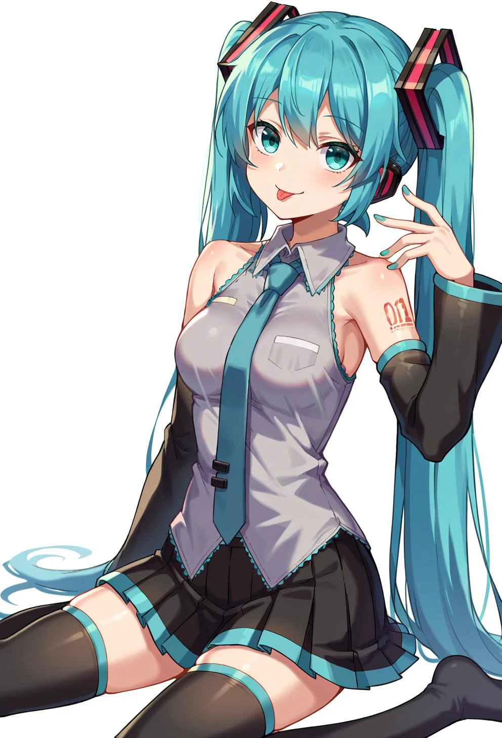 score_9, source_anime,
1girl, solo, hatsune miku, long hair, tongue, necktie, tongue out, twintails, skirt, thighhighs, detached sleeves, breasts, shirt, black thighhighs, very long hair, medium breasts, :p, tattoo, sitting, pleated skirt, bare shoulders, looking at viewer, black skirt, hair ornament, white background, grey shirt, nail polish, collared shirt, bangs, shoulder tattoo, zettai ryouiki, smile, simple background, aqua hair, long sleeves, aqua eyes, hand up, sleeveless, akanbe, black sleeves