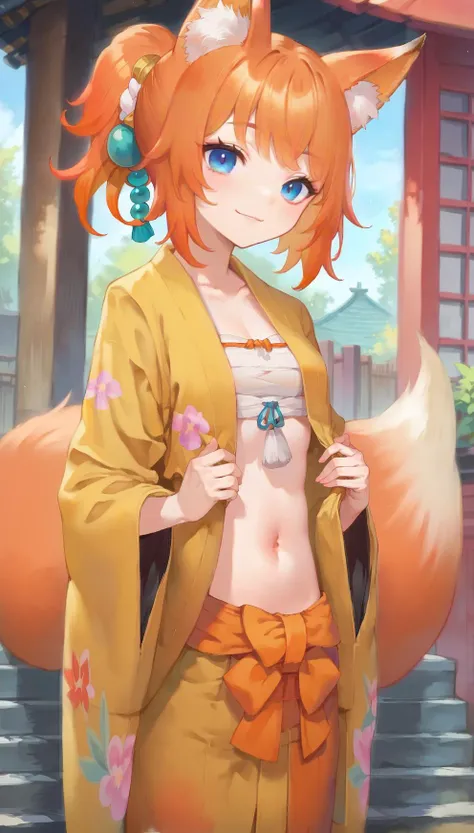 <lora:fox_girl_pony:1> score_9, score_8_up, score_7_up, score_6_up, source anime, kittunemimi, fox girl, 1girl, kimono, solo, animal ears, blue eyes, fox tail, small breasts, orange hair, navel, smile, outdoors, looking at viewer, fox ears, blush, gradient hair, closed mouth, animal ear fluff, multicolored hair, bangs, gion