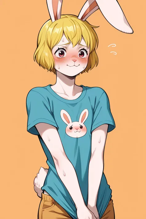 score_9, score_8_up, score_7_up, source_anime, BREAK, solo, solo focus, Opcarrot, <lora:Carrot__Lora_Model_ãã£ããã_One_Piece:1>, blonde hair, very short hair, furry, white furr, blush, rabbit ears, shonen protagonist, 1boy, feminin boy, femboy, blushing, nervous expression, nervous, nervous smile, sweating, orange background, petite body, girl body, blue loose shirt