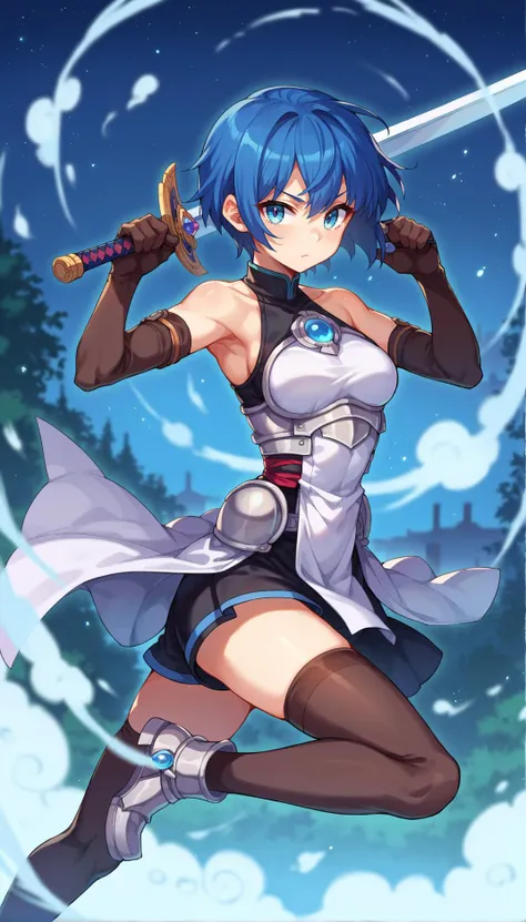 score_9, score_8_up, score_7_up, score_6_up, score_5_up, score_4_up, source anime,
 dynamic pose, 1girl, blue hair, solo, sword, gloves, armor, short hair, thighhighs, elbow gloves, holding sword, blue eyes, ,whorled clouds, night sky, dappled moonlight, depth of field