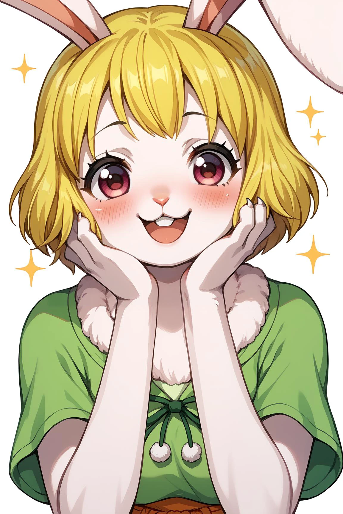 score_9, score_8_up, score_7_up, source_anime, BREAK, solo, solo focus, Opcarrot, <lora:Carrot__Lora_Model_ãã£ããã_One_Piece:1>, 1girl, blonde hair, short hair, furry, white furr, blush, happy, cute, rabbit ears, small claws