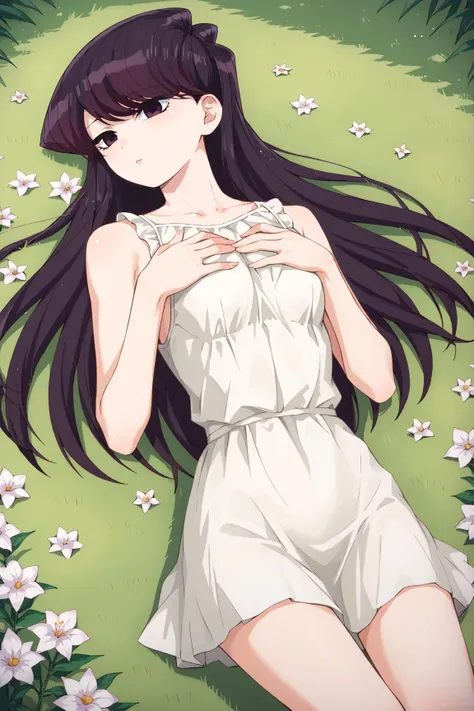  anime girl, realistic shadows, detailed skin, very small breasts, black hair, very detailed, 8k highly detailed face, perfect face shape, full perfect lips, perfect nose, correct beautiful eyes, watching viewer, white shirt, hair flowers, masterpiece, best quality, single girl, no bra, no panty, solo