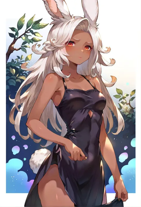 <lora:rabbit_girl_pony:1> score_9, score_8_up, score_7_up, score_6_up, source anime, usausamimi, rabbit girl, 1girl, rabbit tail, rabbit ears, viera, cowboy shot, blush, dark skin, looking at viewer, granblue, erune, white hair, long hair, black dress,