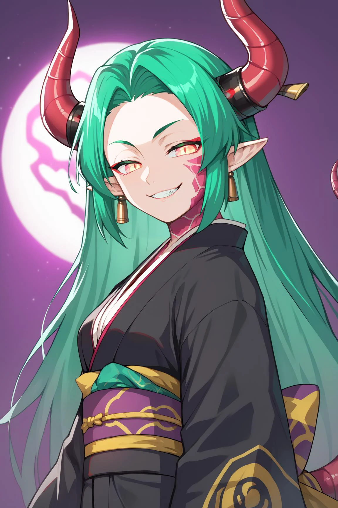 score_9,score_8_up,score_7_up,score_6_up, source_anime, BREAK, solo, solo focus, 1girl, dragon girl, <lora:dragon_girl_pony:0.4>, neon colors, shining colors, radioactive, toxic, neon green hair, smog, poisen, image of poisen smoke, dragon girl, tail, long hair, pointy ears, horns, woman wearing kimono, purple background, shining eyes, close up, evil smile, half closed eyes, scales
