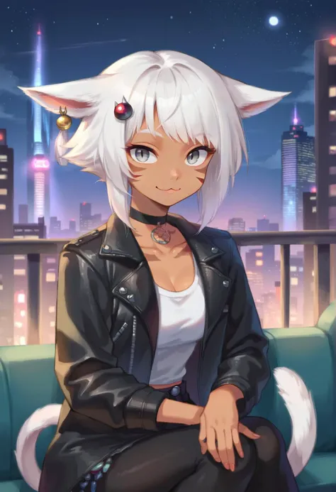 <lora:cat_girl_pony:0.8> score_9, score_8_up, score_7_up, score_6_up, source anime, cat girl, nekomata,
solo, solo focus, 1girl, solo, looking at viewer, smile, short hair, hair ornament, animal ears, tail, portrait, white hair, cat ears, dark skin, dark-skinned female, cat tail, grey eyes, tattoo, facial mark, whisker markings, miqo'te, side neck tattoo, leather jacket, black choker, black leggings, street clothes, fashion, image of a woman on balcony, night time, city background