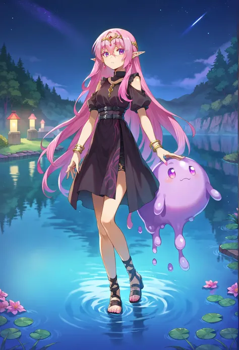 score_9, score_8_up, score_7_up, score_6_up, score_5_up, score_4_up, source anime,
slime girl, pointy ears, purple skin, solo, [silver:pink:0.5] hair, multicolored hair, long hair, hair between eyes, bangs, colored eyelashes, thick eyebrows, jirai kei, earrings, jewelry, piercing, purple eyes, elf, full body, circlet, lake, night sky, dappled moonlight, backlighting
<lora:jirai_kei_style_pony:1>