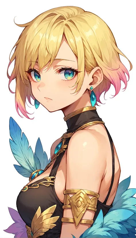 score_9, score_8_up, score_7_up, score_6_up, source anime, rating questionable, 1girl, feather trim, solo, jewelry, blonde hair, earrings, multicolored hair, gradient hair, short hair, upper body, whorled clouds,