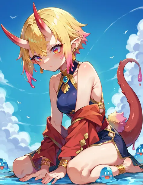 score_9, score_8_up, score_7_up, score_6_up, source anime, jewelry, gold trim,
1girl, feather trim, solo, jewelry, blonde hair, earrings, multicolored hair, gradient hair, short hair,
whorled clouds, blue sky, full body,
oni horns, dragon tail, slime girl, rabbit tail, slit pupils, pointy ears, kuronagamimi,
lack|kintadistortion