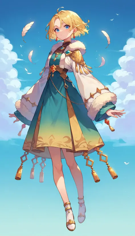 score_9, score_8_up, score_7_up, score_6_up, source anime, 
1girl, solo, blonde hair, earrings, jewelry, gold|feather trim, multicolored hair, gradient hair, short hair,
whorled clouds, blue sky, full body,