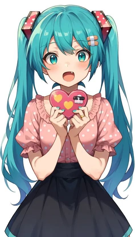 <lora:jirai_kei_style_pony:1> score_9, score_8_up, score_7_up, score_6_up, score_5_up, score_4_up, source anime, jirai kei, 1girl, hatsune miku, solo, aqua nails, twintails, long hair, bandaid, open mouth, looking at viewer, polka dot shirt, heart, heart hair ornament, piercing, aqua hair, fang, ring, polka dot dress, bangs