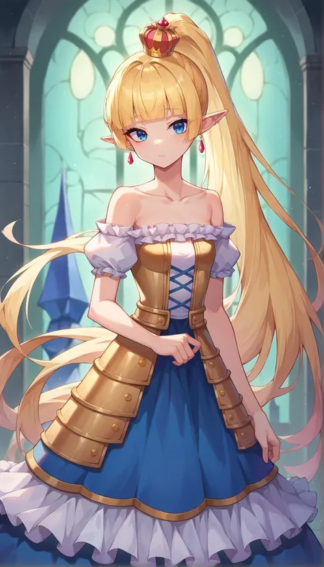 score_9, score_8_up, score_7_up, score_6_up, source anime, BREAK,
1girl, girl knight, blue eyes, blonde hair, high ponytail, absurdly long hair, mini crown, jewelry, earrings, armored dress, frilled skirt, blunt bangs, pointy ears, very aesthetic, on the steps of Hohenzollern Castle, gold trim, bare shoulders, collarbone,