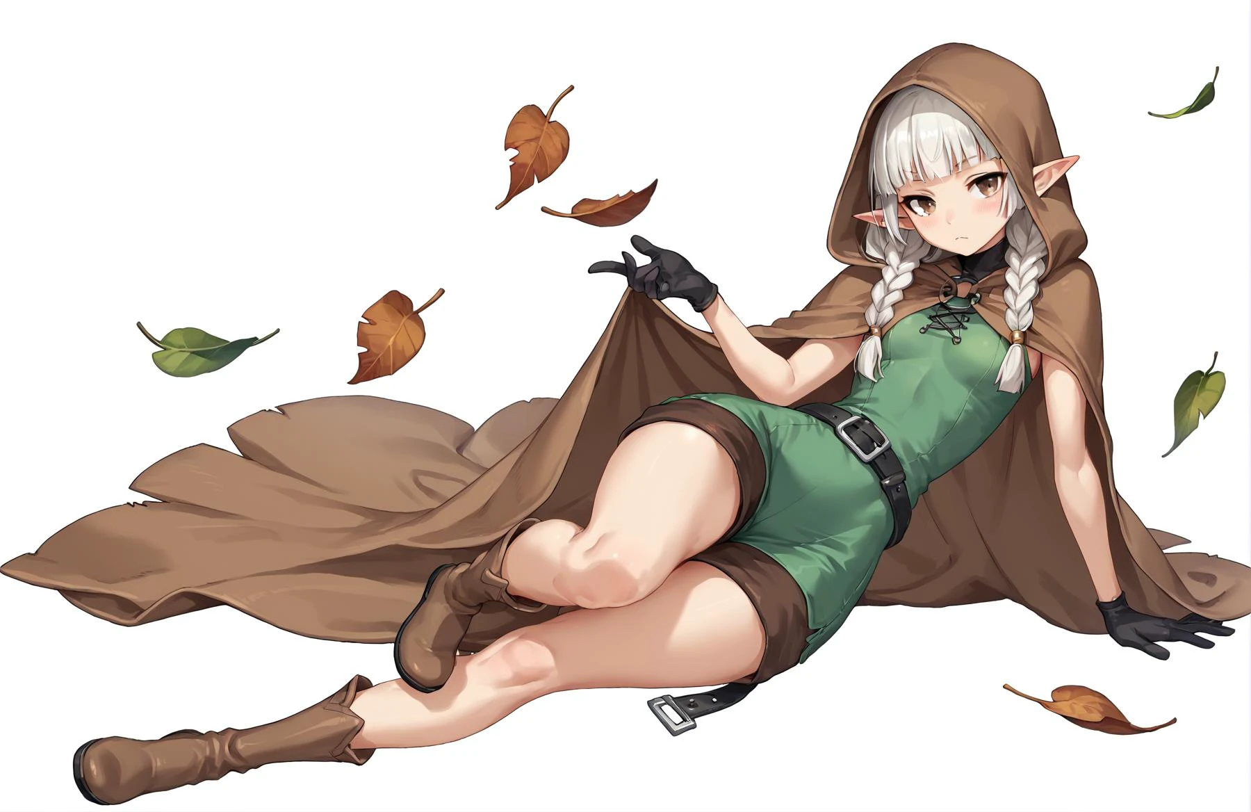score_9, score_8_up, score_7_up, score_6_up, score_5_up, score_4_up, source anime,
solo, 1girl, thin, petite, pose, looking at viewer, full body, light blush, white hair, brown eyes, twin braids, hime cut, pointy ears, small breasts, bare arms, wide hips, brown hoodie, brown cape, green dress, brown shorts, leather belt, leather gloves, leather long boots, leaf, tree trunk
<lora:Add Detail:0>,
<lora:Lgirl Slider:-1> ,