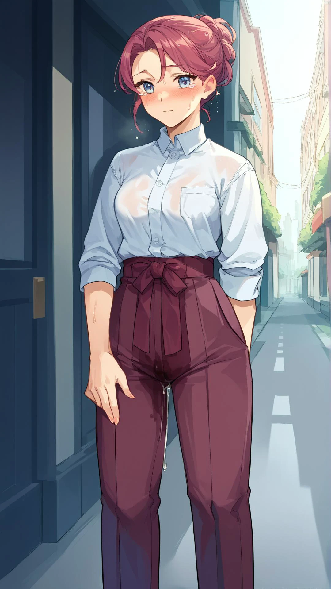 score_9, score_8_up, score_7_up, very aesthetic, source_anime, rating_explicit, detailed skin, <lora:WettingPony:0.85> wetting hakama, wet spot on crotch, dark spot on crotch, dripping down her legs, having wet herself, peed herself, , (blushing:0.5), rating_explicit, (in pose: hugging own legs:0.5), (chestnut hair with Magenta streaks and a pixie bob hairstyle), in location: on public street, (Masterpiece:1.3) (best quality:1.2) (high quality:1.1)