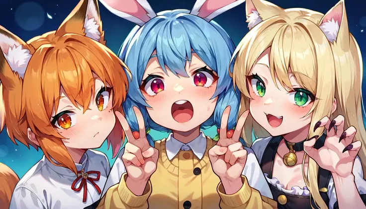 score_9, score_8_up, score_7_up, score_6_up, source anime, source anime, 3girls, animal ear fluff, close-up,
3girls, fox girl, fox ears, fox tail, symbol-shaped pupils, closed mouth, fox shadow puppet
3girls, rabbit girl, rabbit ears, rabbit tail, + +, open mouth, double v,
3girls, cat girl, slit pupils, cat ears, leather gloves, :3, claw pose,