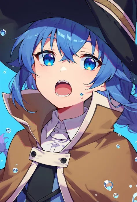 score_9, score_8_up, score_7_up, score_6_up, source anime, BREAK 
<lora:roxy_migurdia:0.8> yxorpnxl, roxy migurdia, solo, bangs, blue background, blue eyes, blue hair, braid, brown cape, cape, close-up, floating hair, hair between eyes, black hat, long hair, looking at viewer, lower teeth only, open mouth, portrait, solo, teeth, water drop, witch hat