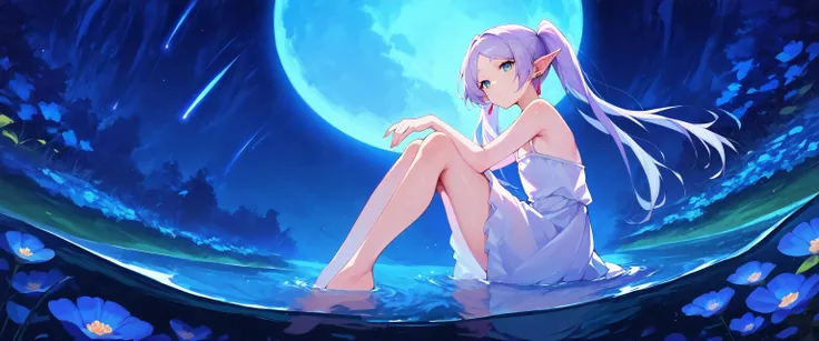 score_9, score_8_up, score_7_up, score_6_up, source anime,
nereirfpnxl, frieren, pointy ears, elf, red earrings, twintails, bare shoulders,
white dress, looking at viewer, partially submerged, full body, from side, from below, knees up, leaning forward,
lake, outdoors, dappled moonlight, full moon, night, shooting star, scenery, nature, [blue:opal:0.5] flower, bioluminescence,
masterpeice, best quality, very aesthetic, absurdres
<lora:frieren_nereirfpnxl_pony_v2:1>
<lora:absurdres_quality:0.4>
<lora:IOS_Iridescent_opal_style:0.2>