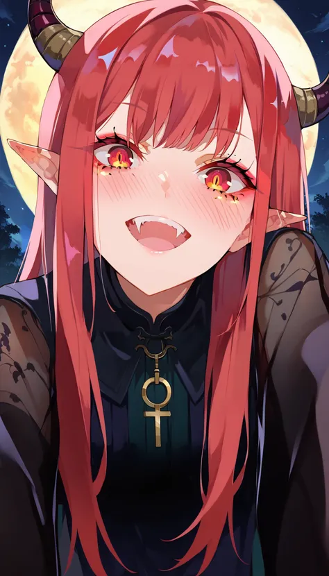 score_9, score_8_up, score_7_up, score_6_up, source anime,
nirampnxl, kitagawa marin, 1girl, long hair, red hair, pointy ears, full-face blush, demon horns, bat wings, red eyes, fangs out, looking at viewer, grin, 
pov from below, leaning forward, pov imminent kiss, open mouth, (close-up:1.4), see-through sleeves,
outdoors, full moon, dappled moonlight, night sky, scenery,
volumetric lighting, low key, high contrast,  dark theme, vivid color,
masterpeice, best quality, very aesthetic, absurdres
<lora:LAMXLP6lokrV4236:0.8>
<lora:kitagawa_marin_pony:0.4>