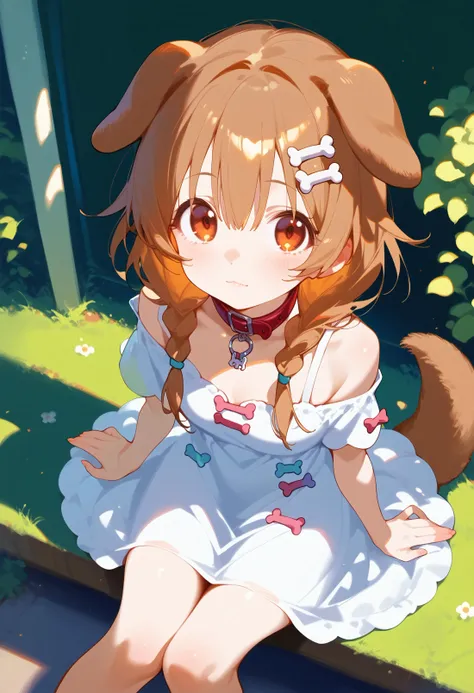 score_9, score_8_up, score_7_up, score_6_up, source anime,
inugami korone, dog ears,
1girl, solo, sitting, white dress, off shoulder, animal collar, low twin braids, bone hair ornament,dog tail, from above, outdoors, looking at viewer, 
masterpeice, best quality, very aesthetic, absurdres
<lora:naip33:1>