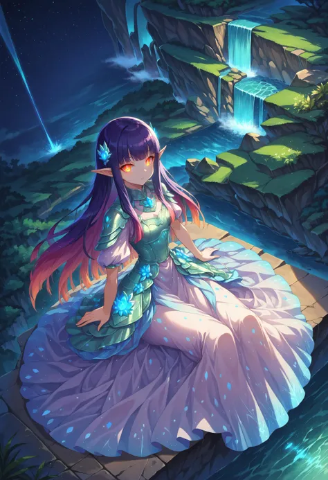 score 9, 1girl, girl knight, beautiful detailed eyes, glowing eyes, blunt bangs, gradient hair, pointy ears, [pearl:opal:0.5] armor, armored dress, 
waterfall, scenery, outdoors, wariza, sitting, from above, looking at viewer,
detailed Illustration, official artwork, wallpaper, official art, night, dappled moonlight,
<lora:bioluminescent_dress-PD-1.0-full:0.4> bioluminescent dress,
<lora:detailed_backgrounds_v2:0.4>
<lora:IOS_Iridescent_opal_style:0.4>
<lora:absurdres_quality:0.4> masterpeice, best quality, very aesthetic, absurdres