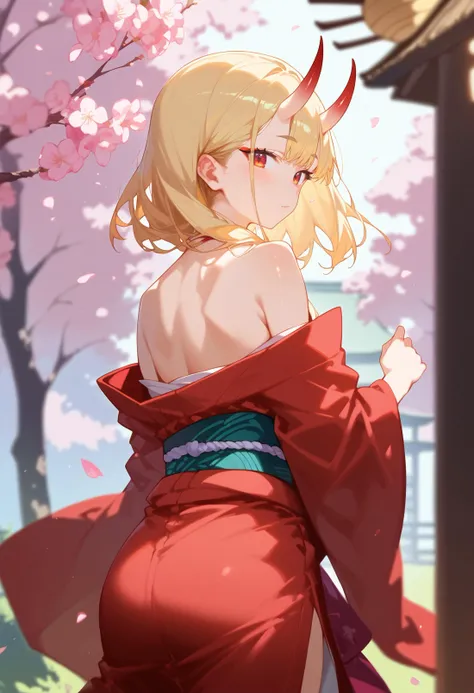 score_9, score_8_up, score_7_up, score_6_up, source anime,
oni, kitagawa marin, oni horns, skin-covered horns, japanese clothes, red kimono, solo, blonde hair, red eyes, cowboy shot, outdoors, bare shoulders, from behind, looking back, blush, cherry blossoms, depth of field, dappled sunlight, falling petals,
masterpeice, best quality, very aesthetic, absurdres
<lora:naip33:1>