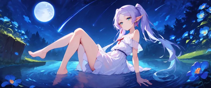 score_9, score_8_up, score_7_up, score_6_up, source anime,
nereirfpnxl, frieren, pointy ears, elf, red earrings, twintails, bare shoulders,
white dress, looking at viewer, partially submerged, full body, from side, from below, knees up, leaning forward,
lake, outdoors, dappled moonlight, full moon, night, shooting star, scenery, nature, [blue:opal:0.5] flower, bioluminescence,
masterpeice, best quality, very aesthetic, absurdres
<lora:frieren_nereirfpnxl_pony_v2:1>
<lora:absurdres_quality:0.4>
<lora:IOS_Iridescent_opal_style:0.2>