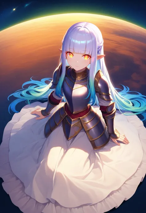 score_9, score_8_up, score_7_up, score_6_up, source anime,
1girl, girl knight, beautiful detailed eyes, glowing eyes, blunt bangs, gradient hair, pointy ears, [pearl:opal:0.5] armor, armored dress, space, scenery, outdoors, wariza, sitting, from above, looking at viewer, detailed Illustration, official artwork, wallpaper, official art, night, dappled moonlight  
, masterpeice, best quality, very aesthetic, absurdres