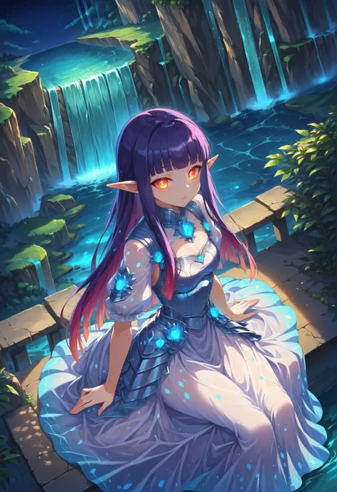 score 9, 1girl, girl knight, beautiful detailed eyes, glowing eyes, blunt bangs, gradient hair, pointy ears, [pearl:opal:0.5] armor, armored dress, 
waterfall, scenery, outdoors, wariza, sitting, from above, looking at viewer,
detailed Illustration, official artwork, wallpaper, official art, night, dappled moonlight,
<lora:bioluminescent_dress-PD-1.0-full:0.4> bioluminescent dress,
<lora:detailed_backgrounds_v2:0.4>
<lora:IOS_Iridescent_opal_style:0.4>
<lora:absurdres_quality:0.4> masterpeice, best quality, very aesthetic, absurdres