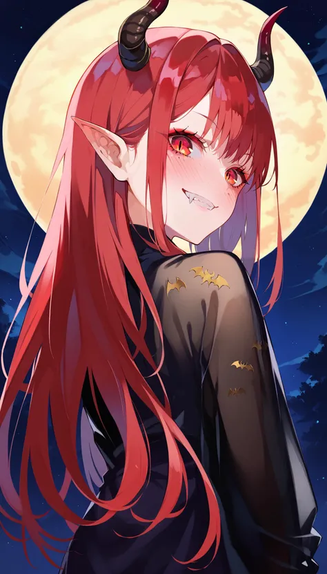 score_9, score_8_up, score_7_up, score_6_up, source anime,
nirampnxl, kitagawa marin, 1girl, long hair, red hair, pointy ears, full-face blush, demon horns, bat wings, red eyes, fangs out, looking at viewer, grin, 
from behind, looking back, beckoning, see-through sleeves,
outdoors, full moon, dappled moonlight, night sky, scenery,
volumetric lighting, low key, high contrast,  dark theme, vivid color,
masterpeice, best quality, very aesthetic, absurdres
<lora:LAMXLP6lokrV4236:0.8>
<lora:kitagawa_marin_pony:0.4>